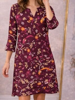 Jude Connally Megan Dress Merlot Floral Shift Dress 3/4 Sleeve Small NWT